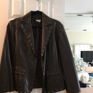 Brown fake leather jacket with lace trim